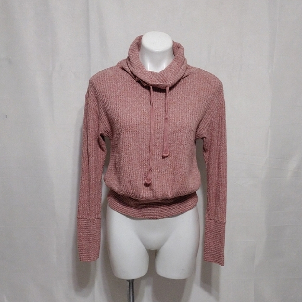Anthropologie Saturday/Sunday Pink Waffle Knit Cowl Neck Pullover Sweater Cozy